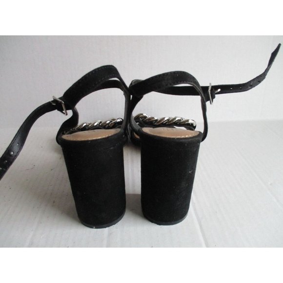 *ASOS Black Suede Sandal Ankle Strap Block 4" Heel Chunky Silver Chain Accent - Picture 6 of 8
